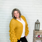 "Desi" Large Weave Pom Pom Sleeve Cardigan (Mustard)-Lola Monroe Boutique