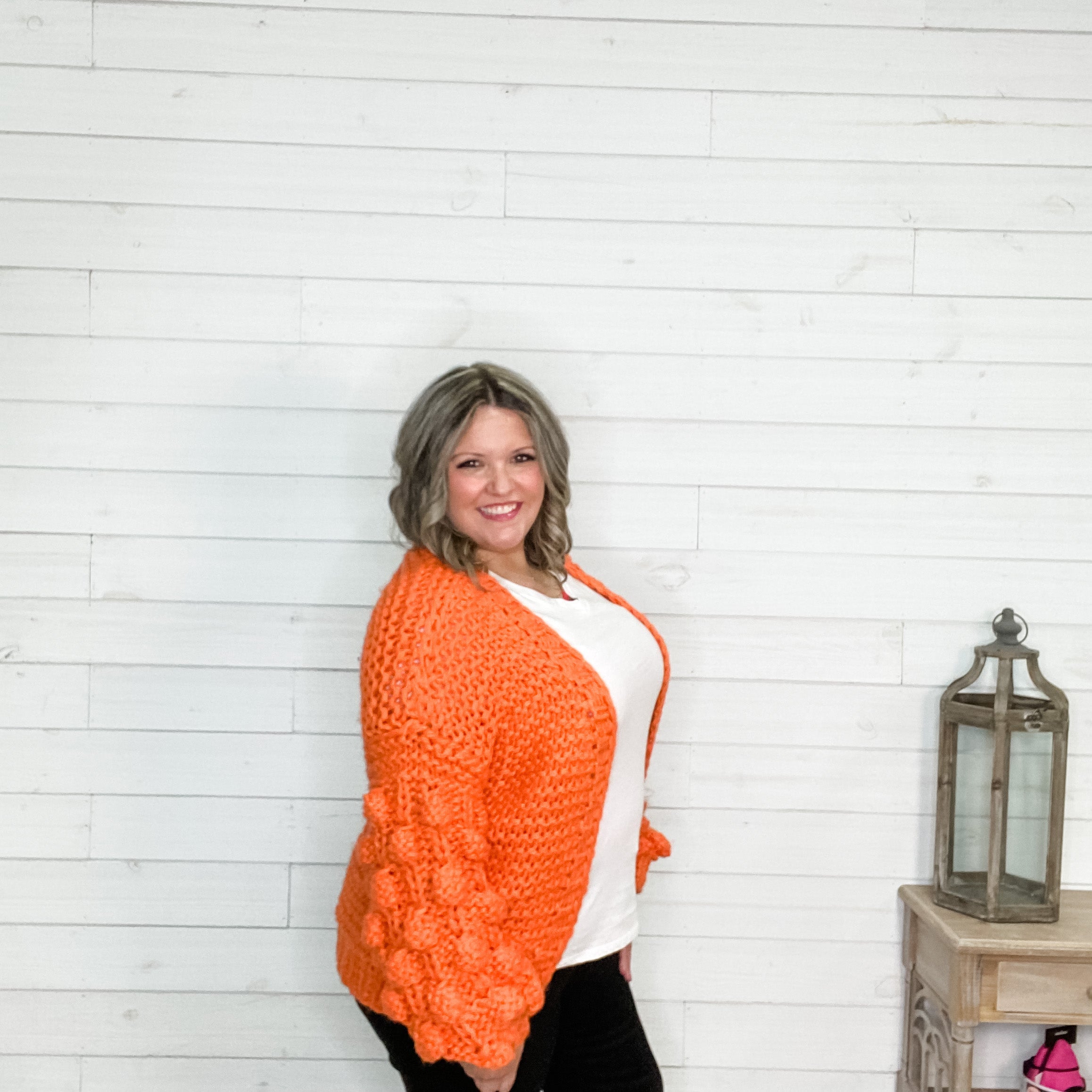 "Desi" Large Weave Pom Pom Sleeve Cardigan (Orange)-Lola Monroe Boutique