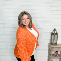 "Desi" Large Weave Pom Pom Sleeve Cardigan (Orange)-Lola Monroe Boutique