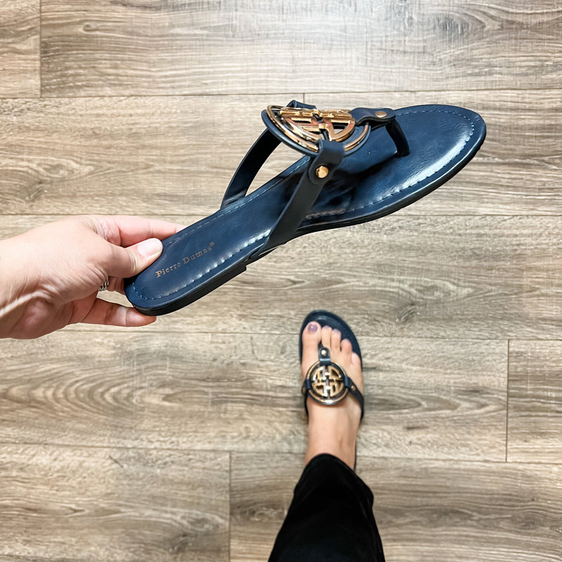 Designer Inspired Sandal (Navy Blue with Gold Design)-Lola Monroe Boutique
