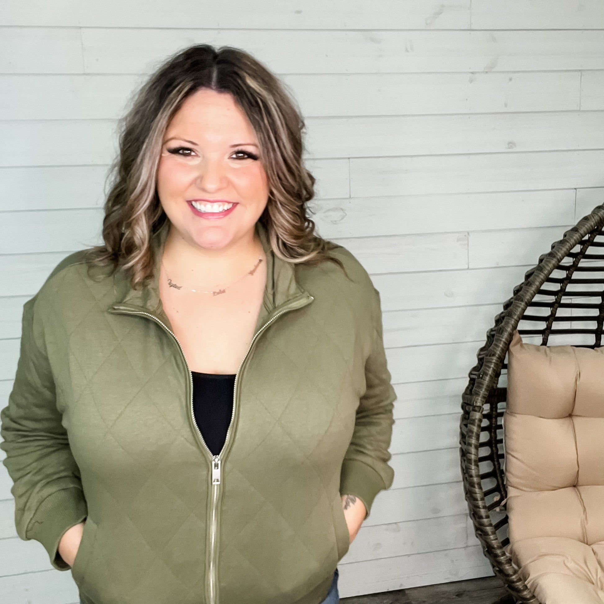 Diamond Quilted Full Zip Jacket (Olive)