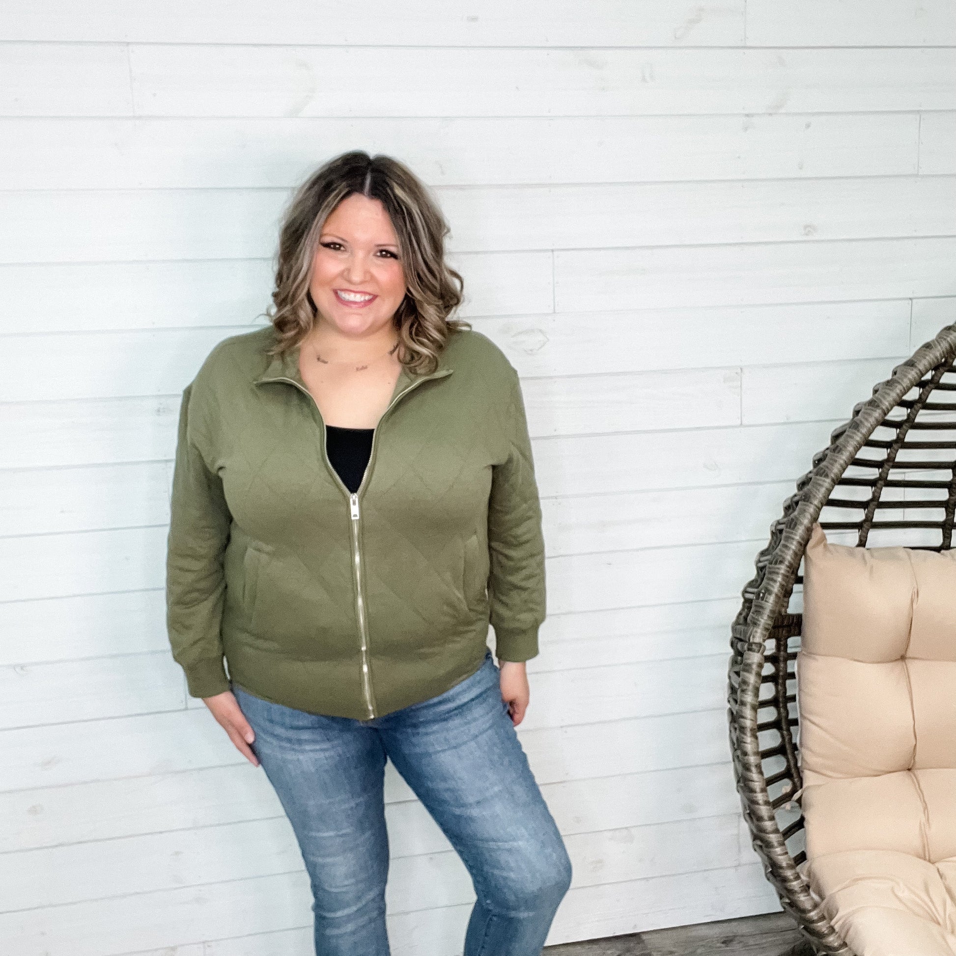 Diamond Quilted Full Zip Jacket (Olive)