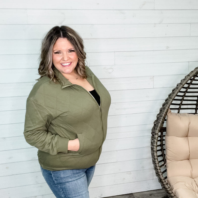 Diamond Quilted Full Zip Jacket (Olive)-Lola Monroe Boutique