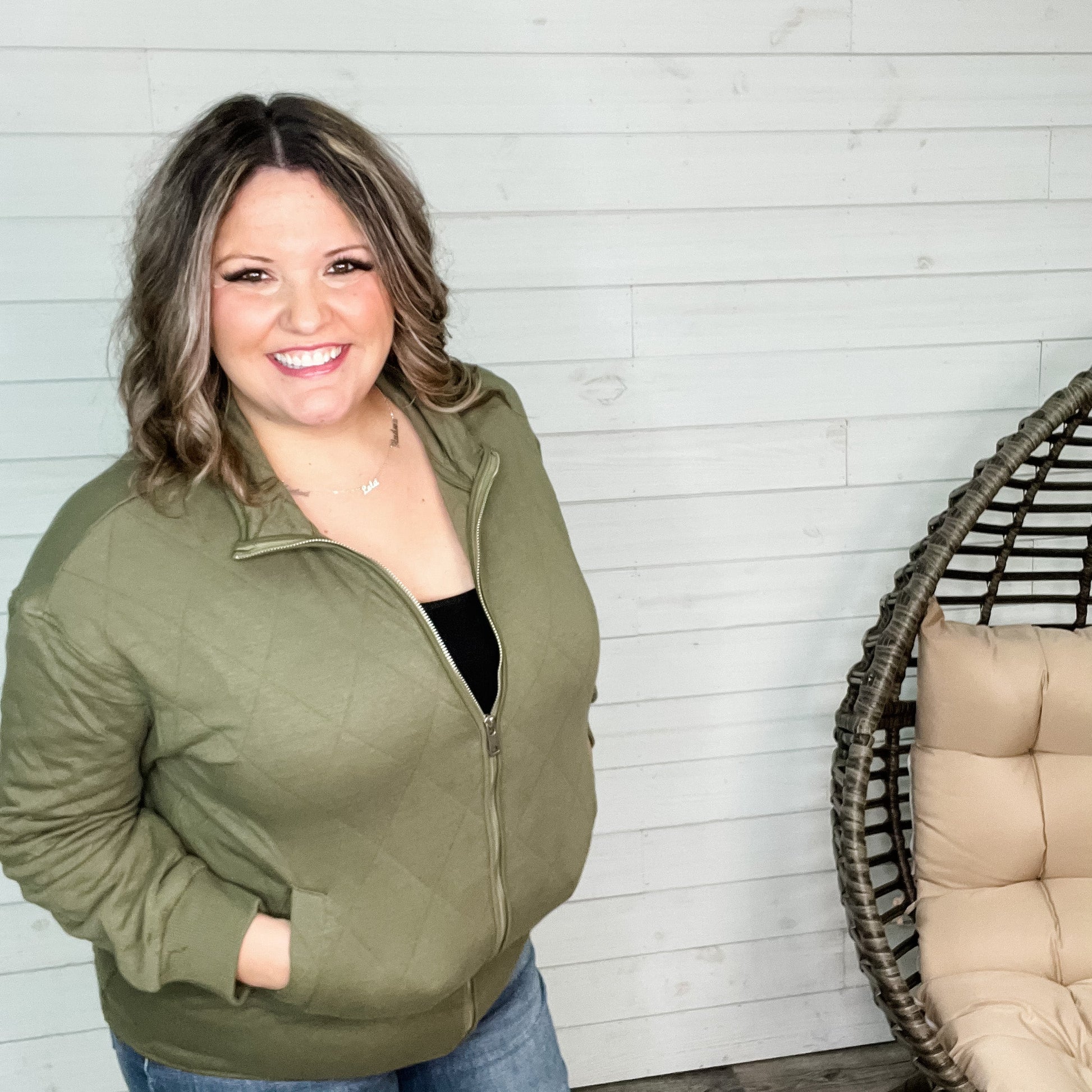Diamond Quilted Full Zip Jacket (Olive)