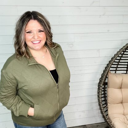Diamond Quilted Full Zip Jacket (Olive)