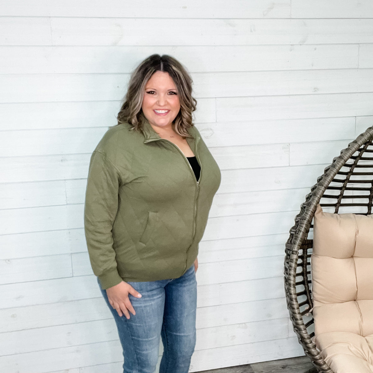 Diamond Quilted Full Zip Jacket (Olive)-Lola Monroe Boutique