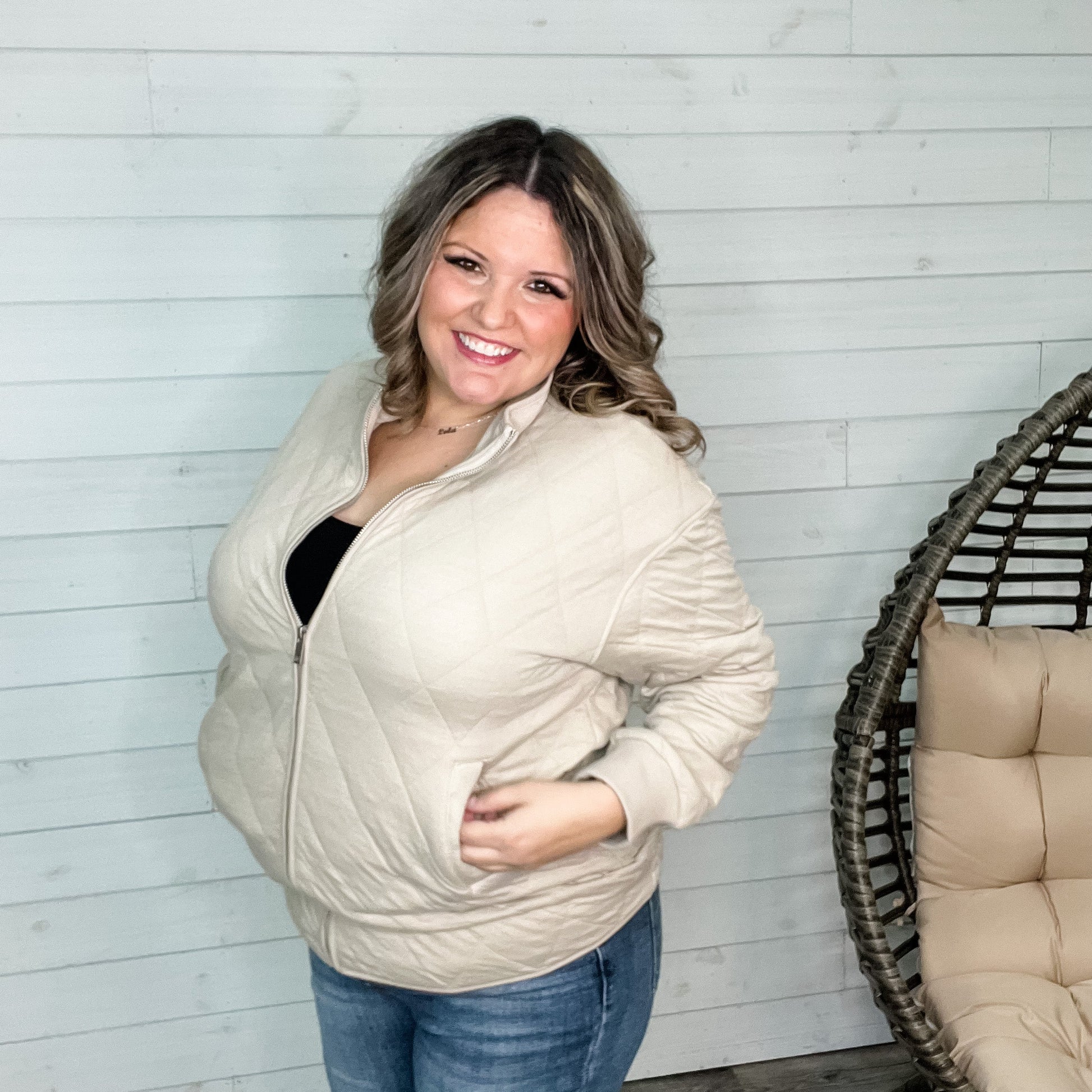 Diamond Quilted Full Zip Jacket (Taupe)