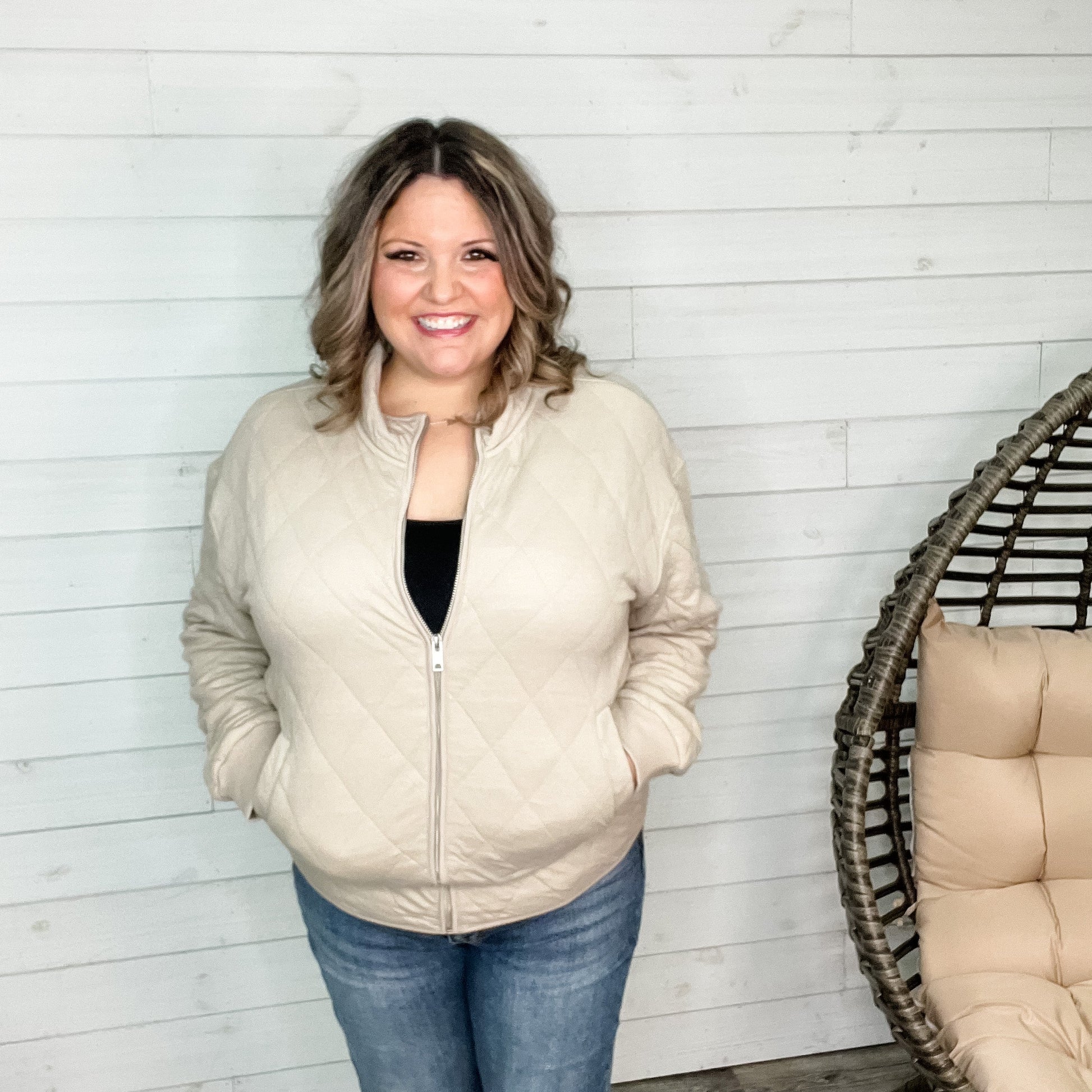 Diamond Quilted Full Zip Jacket (Taupe)