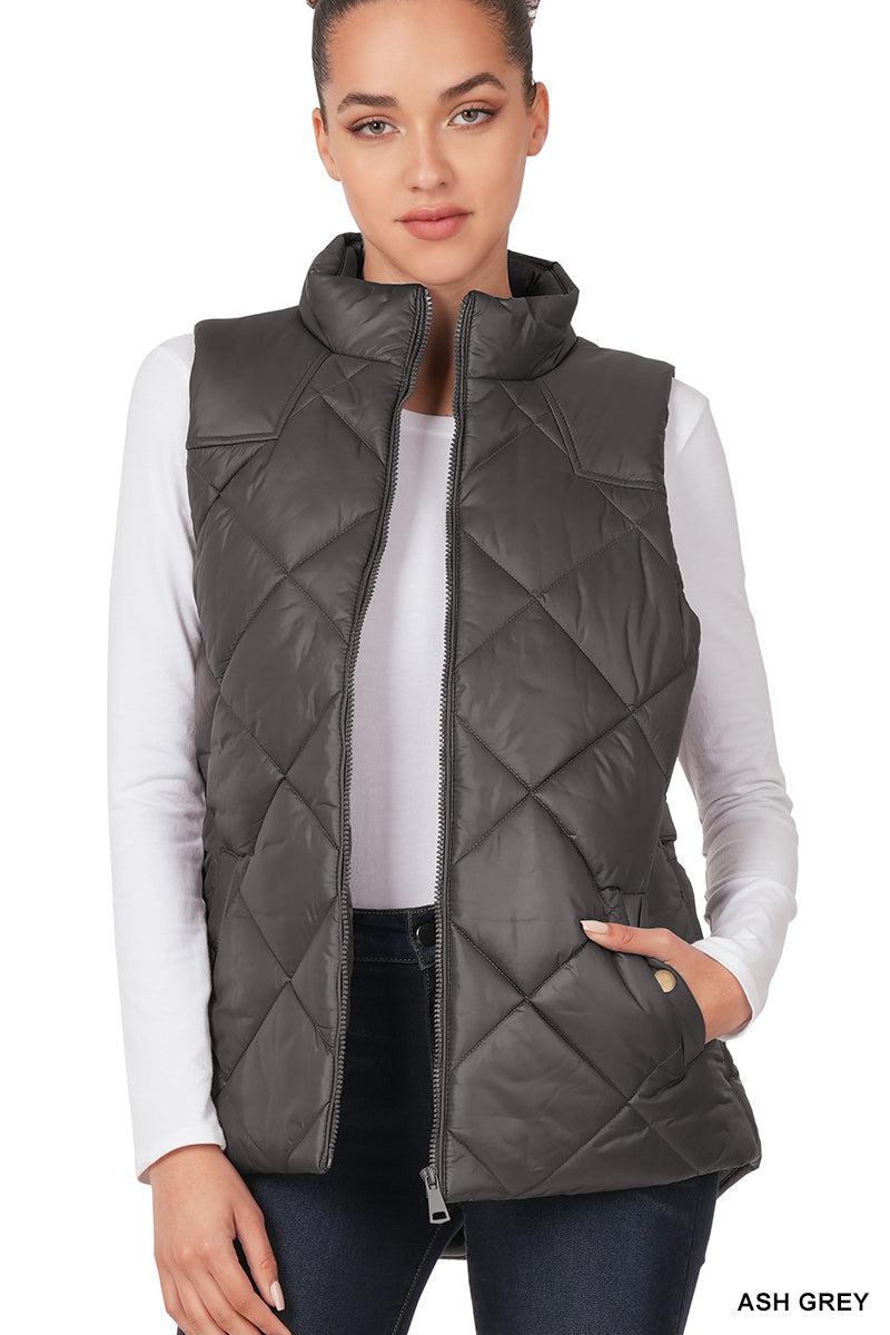 Diamond Quilted Zip Front Vest (Ash Grey)-Lola Monroe Boutique