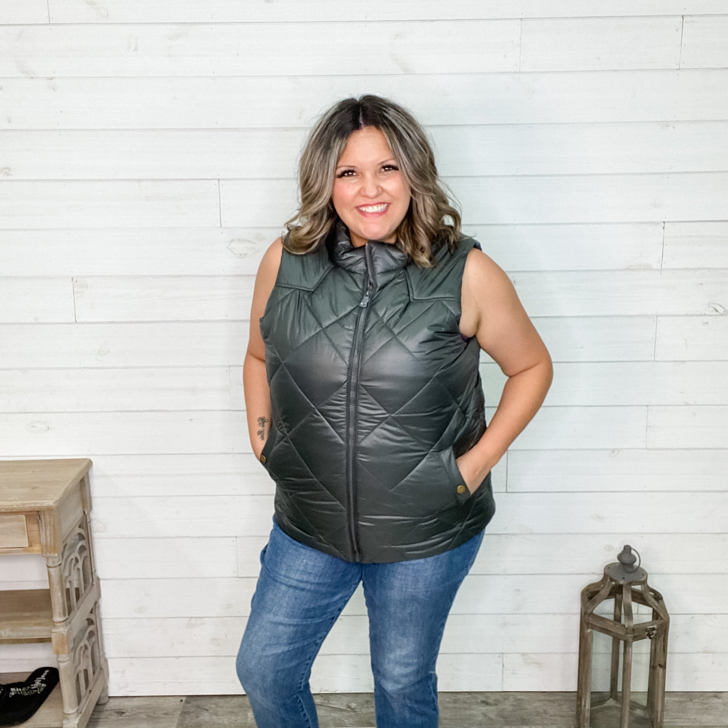 Diamond Quilted Zip Front Vest (Ash Grey)-Lola Monroe Boutique