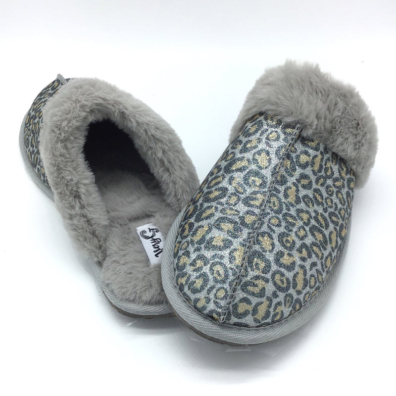 "Diggy" Grey Leopard Faux Fur Slipper-Lola Monroe Boutique