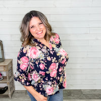 "Dignity" Floral Split Neck 3/4 Sleeve with Ruffle Detail-Lola Monroe Boutique