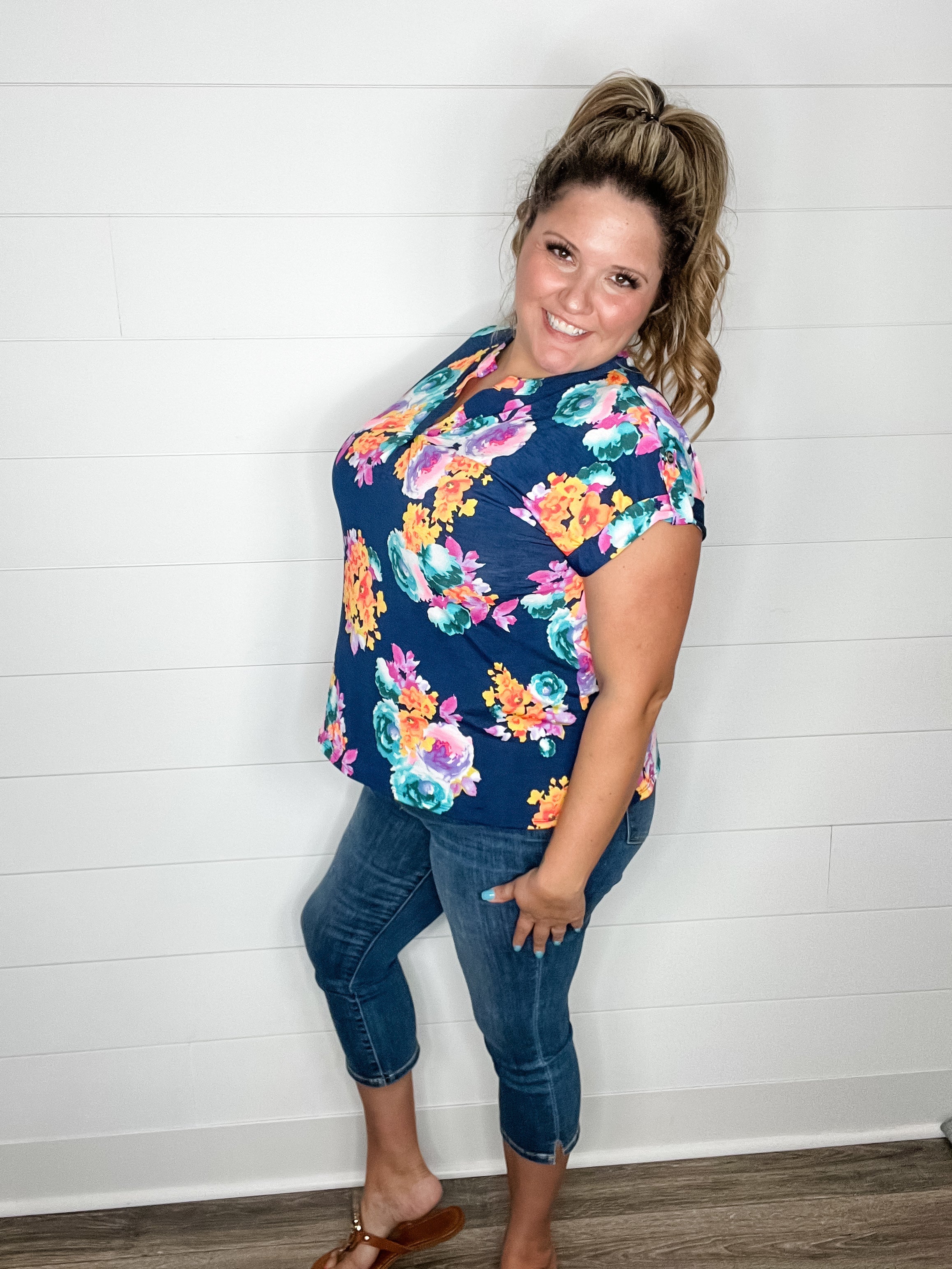 "Dion" Floral Split Neck Cuffed Short Sleeve-Lola Monroe Boutique