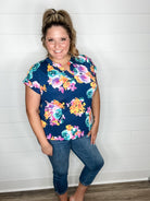 "Dion" Floral Split Neck Cuffed Short Sleeve-Lola Monroe Boutique