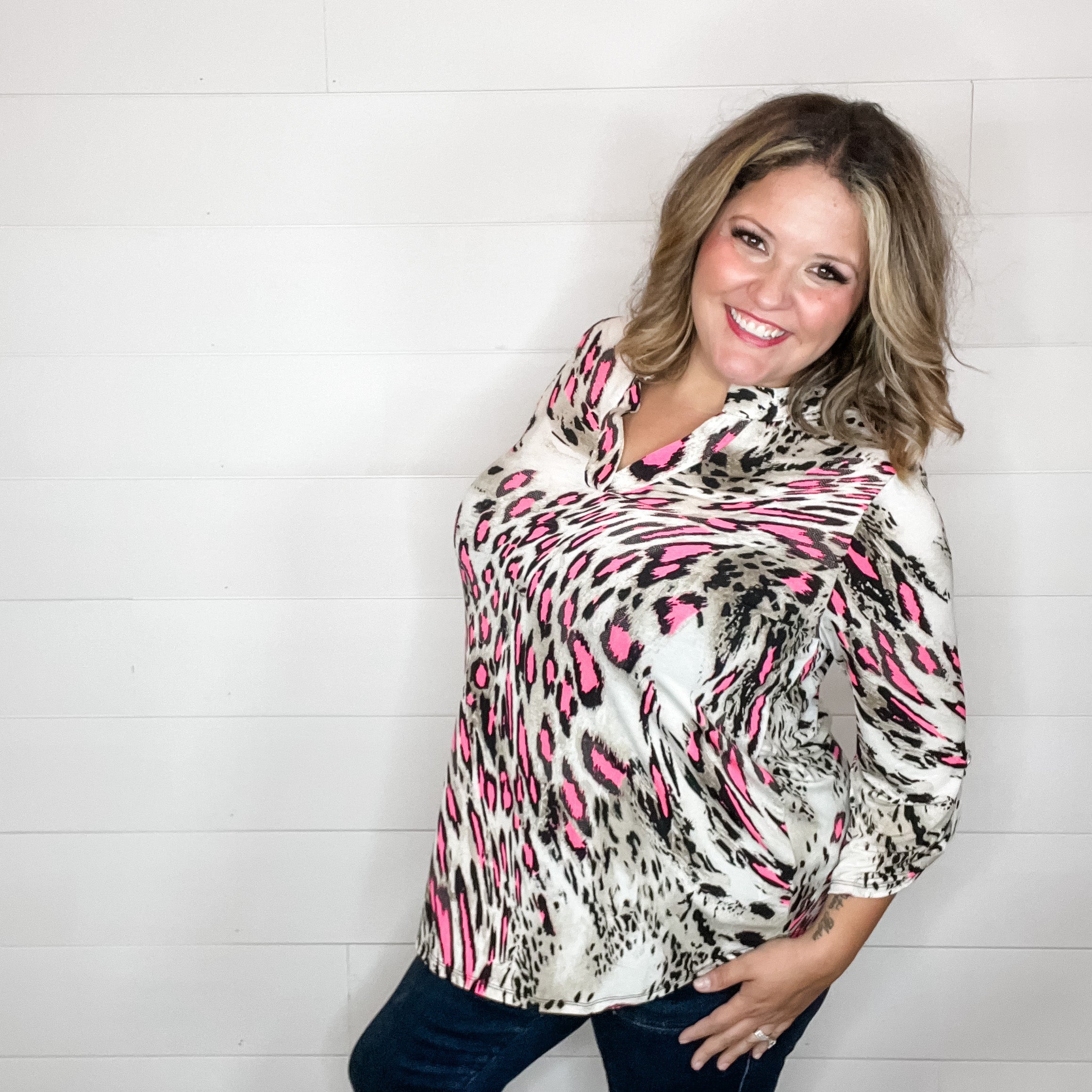 "Distinctive" Animal Print Lizzy 3/4 Sleeve Split Neck-Lola Monroe Boutique