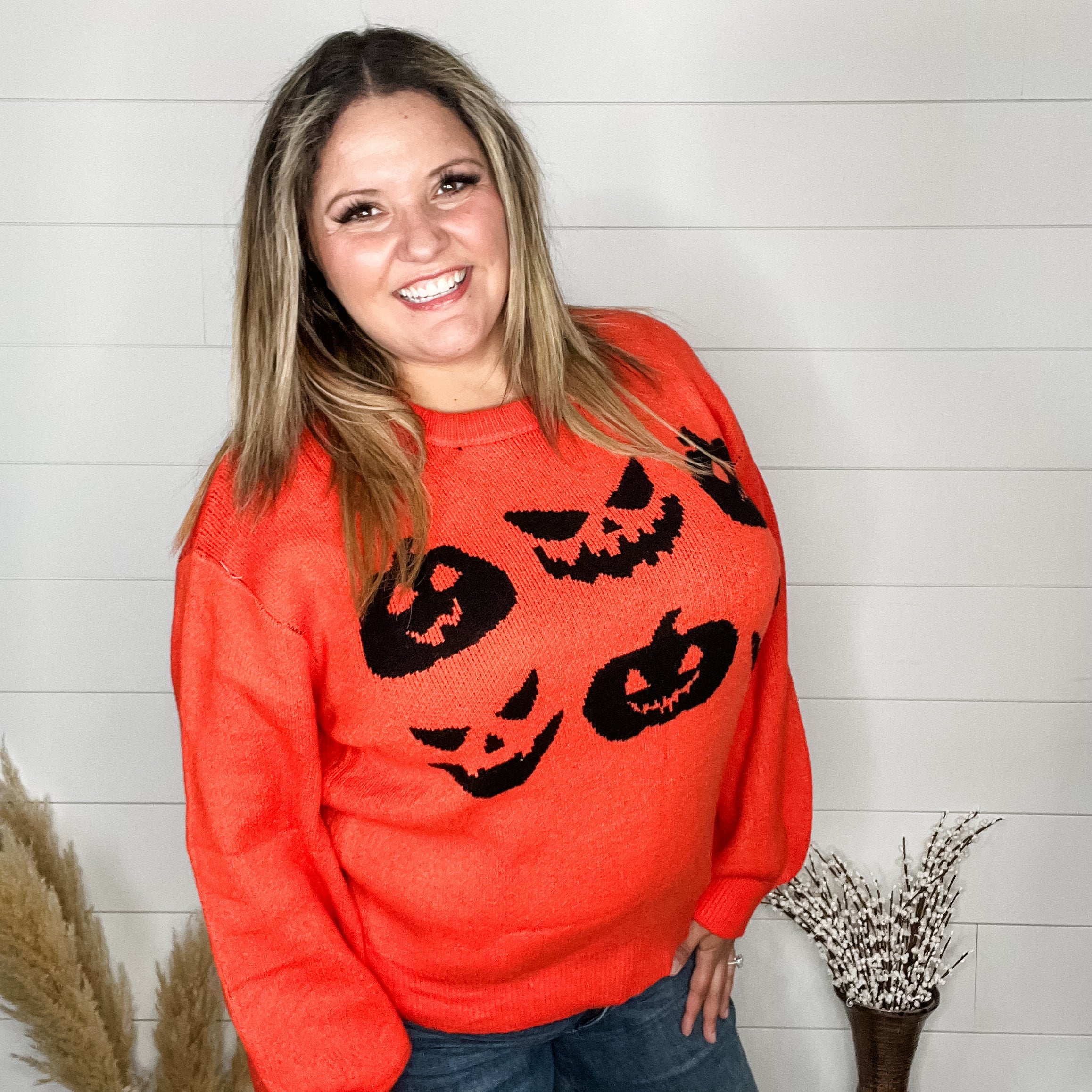 Doorbuster Jack O Lantern Balloon Sleeve Sweater-Lola Monroe Boutique