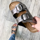 Double Buckle Strap Inspired Cork Bottom Sandal (Pewter)-Lola Monroe Boutique