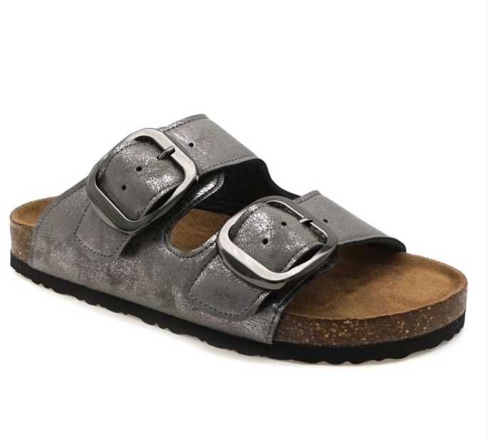 Double Buckle Strap Inspired Cork Bottom Sandal (Pewter)-Lola Monroe Boutique