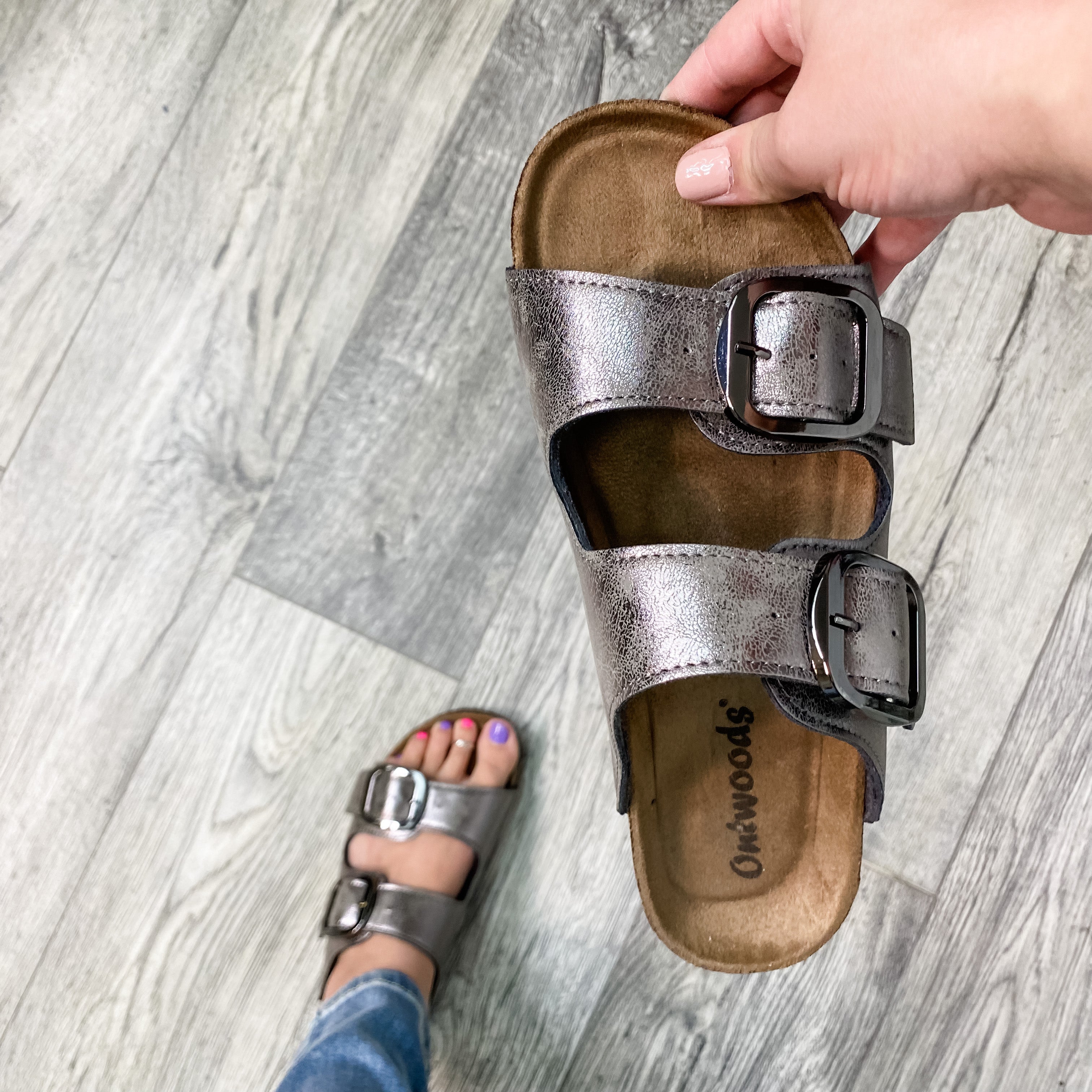 Double Buckle Strap Inspired Cork Bottom Sandal (Pewter)-Lola Monroe Boutique