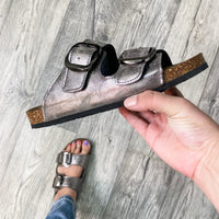 Double Buckle Strap Inspired Cork Bottom Sandal (Pewter)-Lola Monroe Boutique