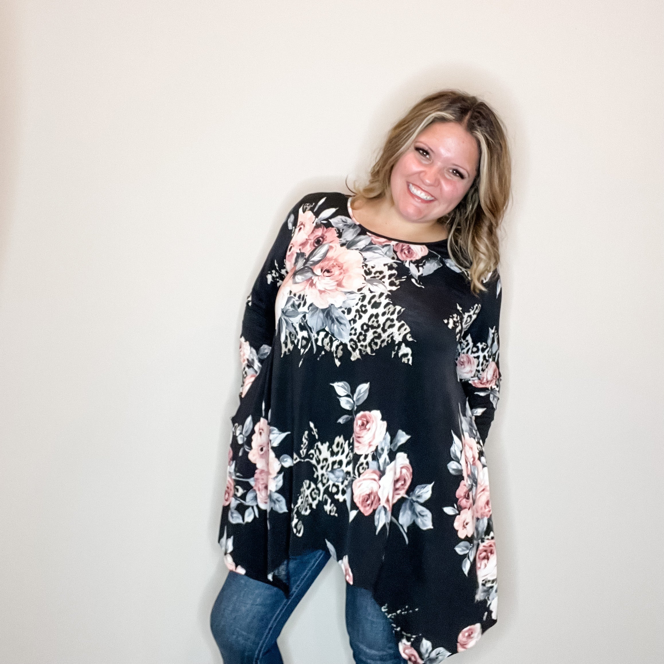 "Double Down" Floral and Animal Print Shark Bite Tunic with Pockets-Lola Monroe Boutique