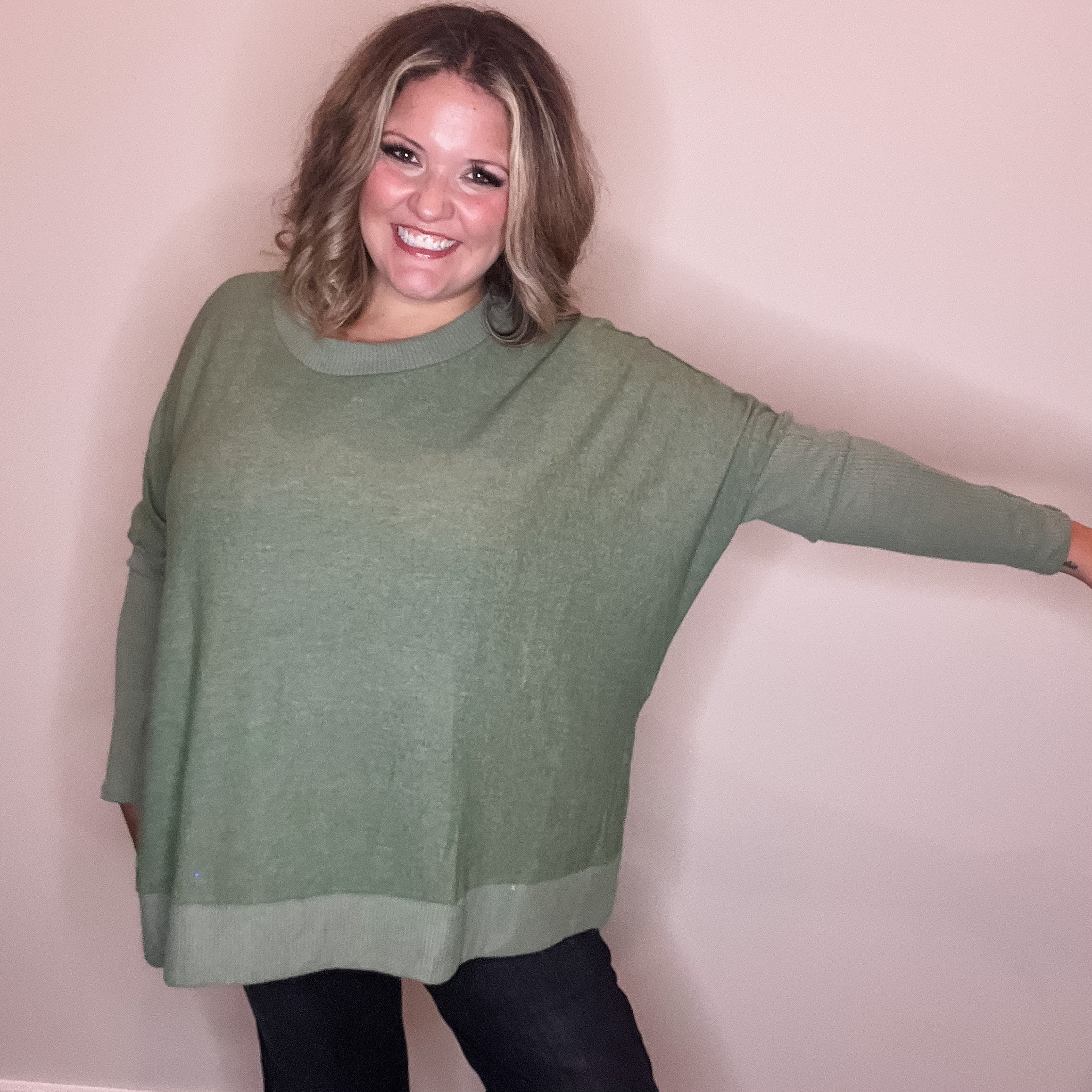 "Downtime" Long Sleeve with Thumbholes Hi Low (Olive)-Lola Monroe Boutique