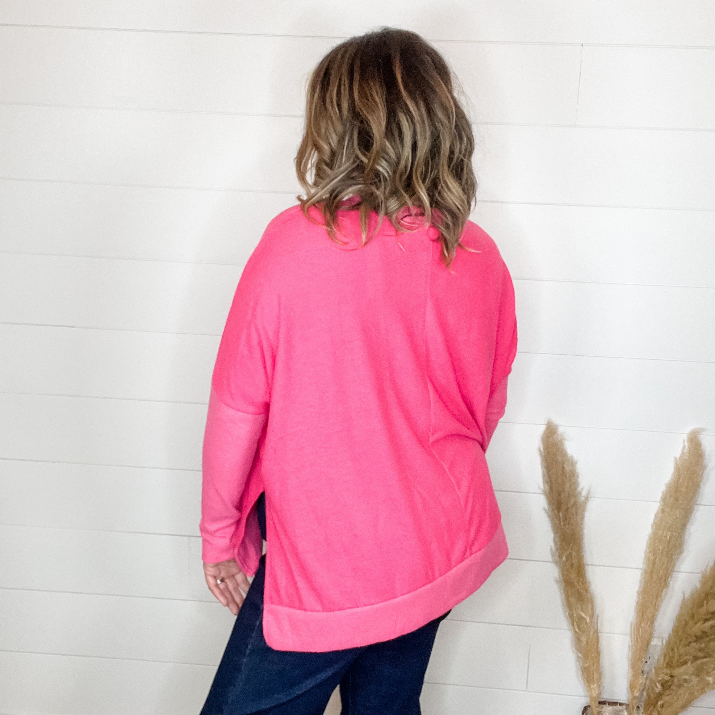 "Downtime" Long Sleeve with Thumbholes Hi Low (Pink)-Lola Monroe Boutique