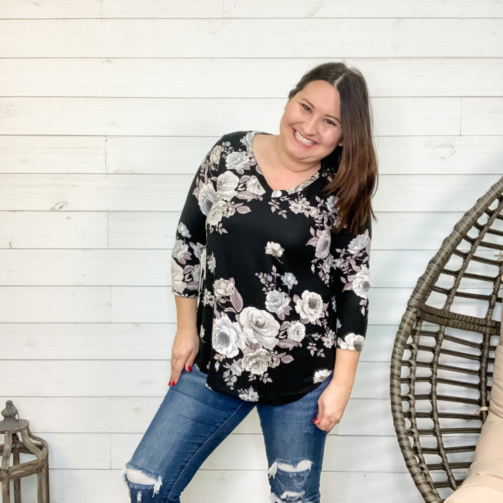 "Dru" 3/4 Sleeve Floral V Neck-Lola Monroe Boutique