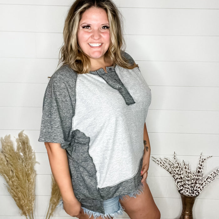 "Dunnigan" Oversized Short Sleeve with Button Front Detail (Charcoal)-Lola Monroe Boutique