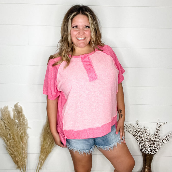"Dunnigan" Oversized Short Sleeve with Button Front Detail (Pink)
