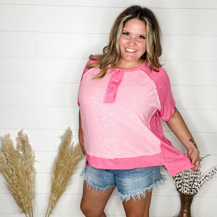 "Dunnigan" Oversized Short Sleeve with Button Front Detail (Pink)-Lola Monroe Boutique