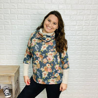 "Dusty Trails" Floral Waffle Texture Cowl Neck Long Sleeve-Lola Monroe Boutique