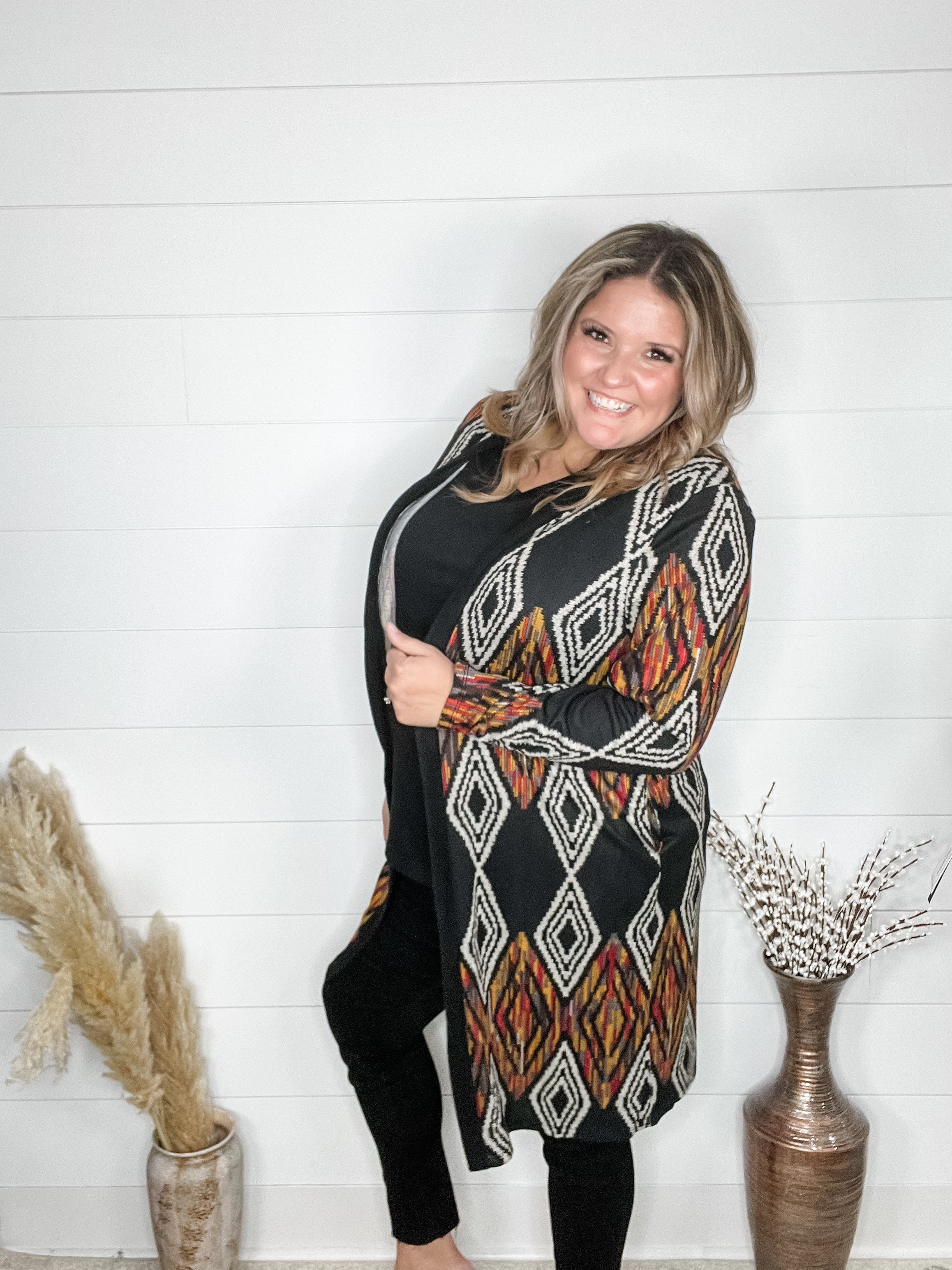 "Dutton" Aztec Print Cardigan with Pockets (Black)-Lola Monroe Boutique