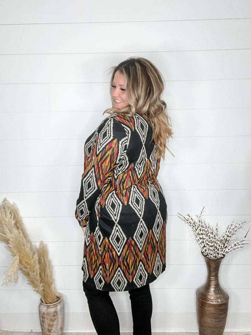 "Dutton" Aztec Print Cardigan with Pockets (Black)