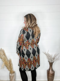 "Dutton" Aztec Print Cardigan with Pockets (Black)