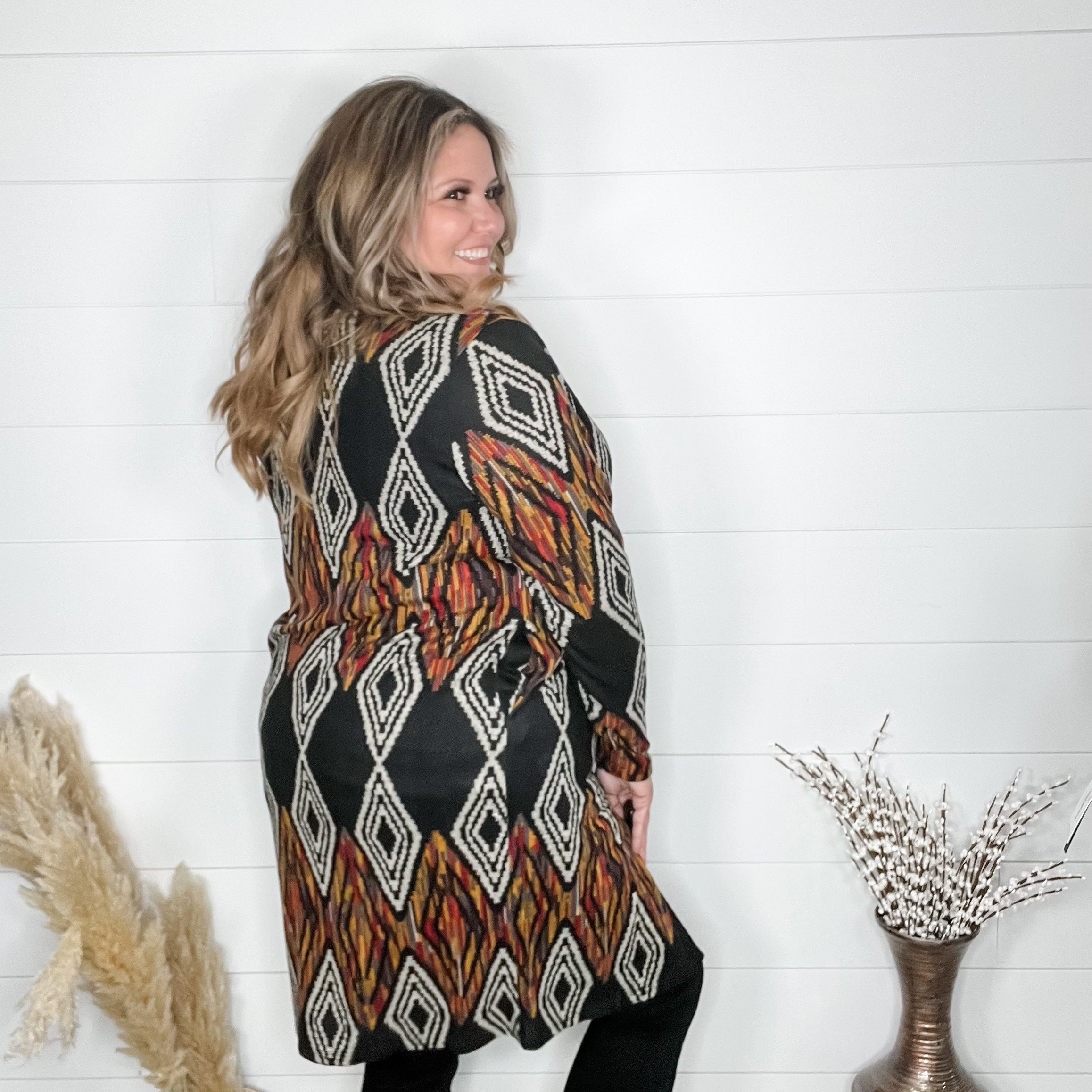 "Dutton" Aztec Print Cardigan with Pockets (Black)-Lola Monroe Boutique