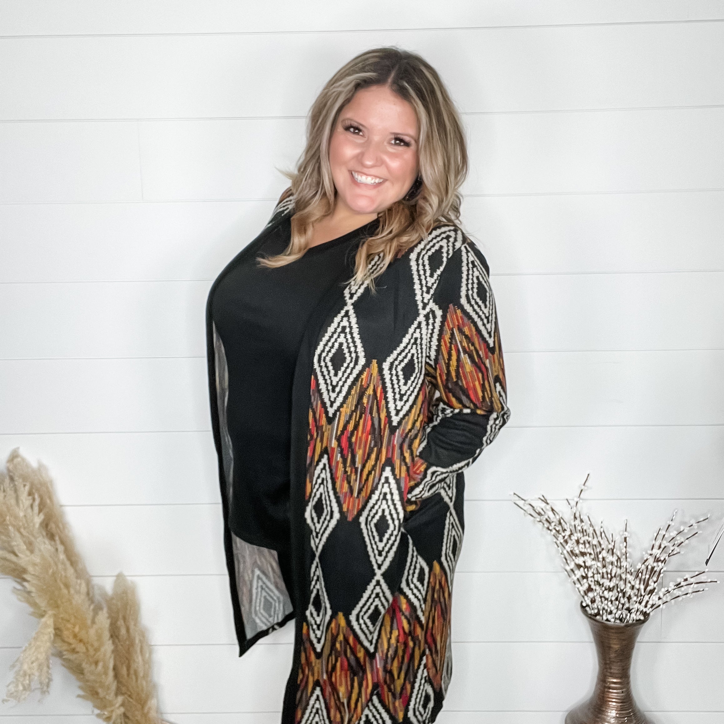 "Dutton" Aztec Print Cardigan with Pockets (Black)-Lola Monroe Boutique