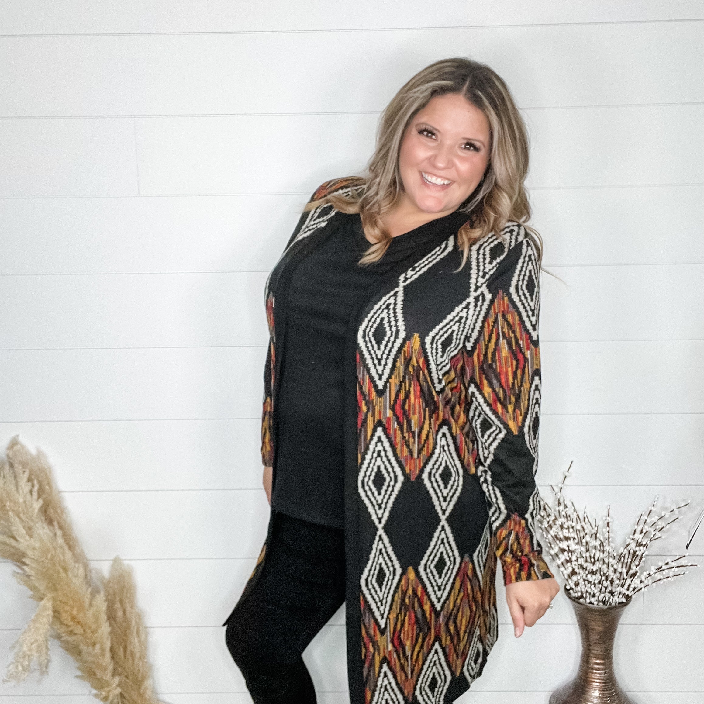 "Dutton" Aztec Print Cardigan with Pockets (Black)-Lola Monroe Boutique