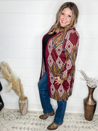 "Dutton" Aztec Print Cardigan with Pockets (Burgundy)-Lola Monroe Boutique