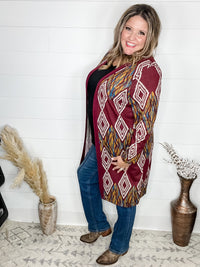 "Dutton" Aztec Print Cardigan with Pockets (Burgundy)