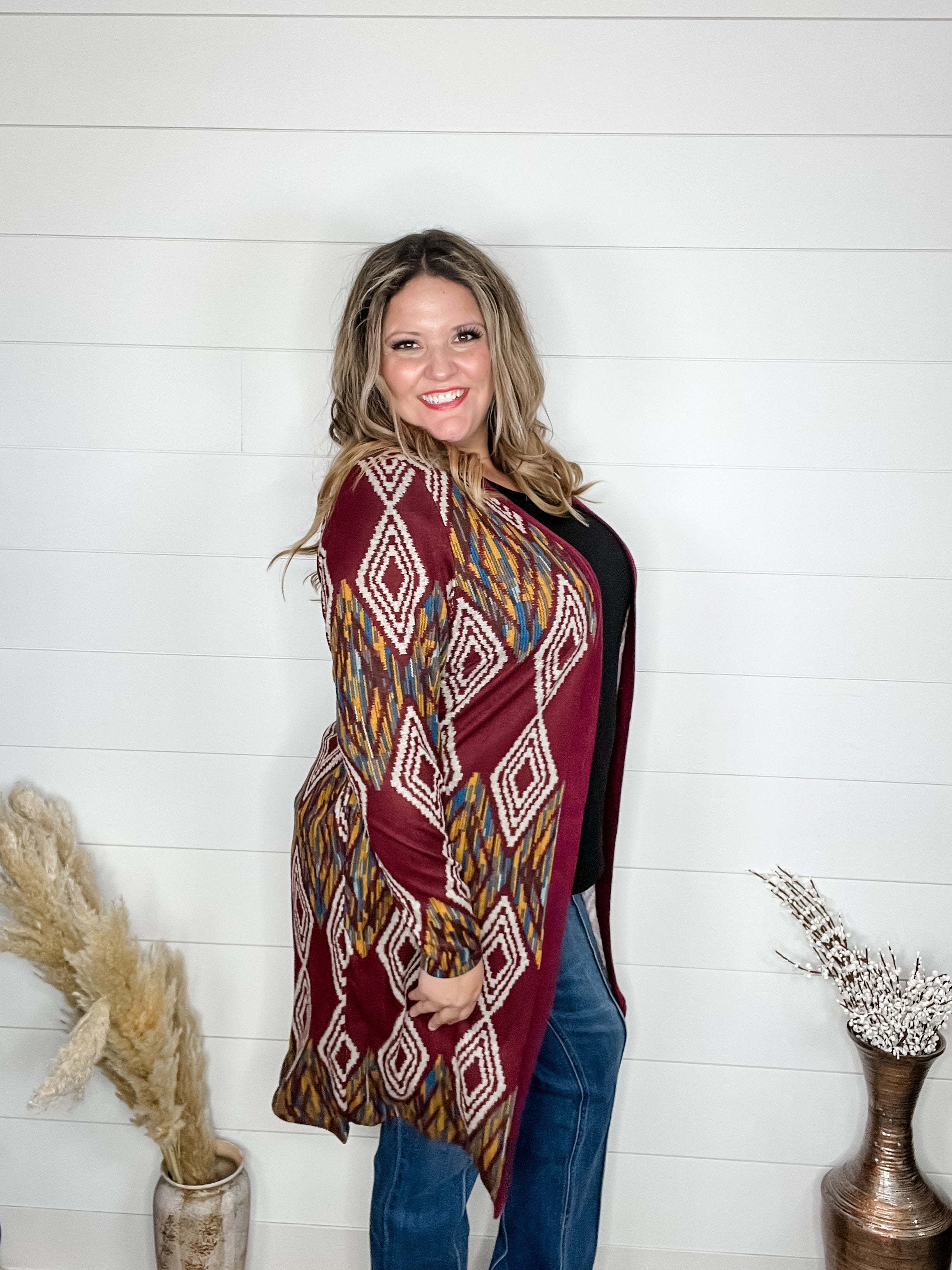 "Dutton" Aztec Print Cardigan with Pockets (Burgundy)-Lola Monroe Boutique