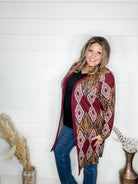 "Dutton" Aztec Print Cardigan with Pockets (Burgundy)-Lola Monroe Boutique