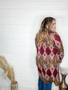 "Dutton" Aztec Print Cardigan with Pockets (Burgundy)-Lola Monroe Boutique