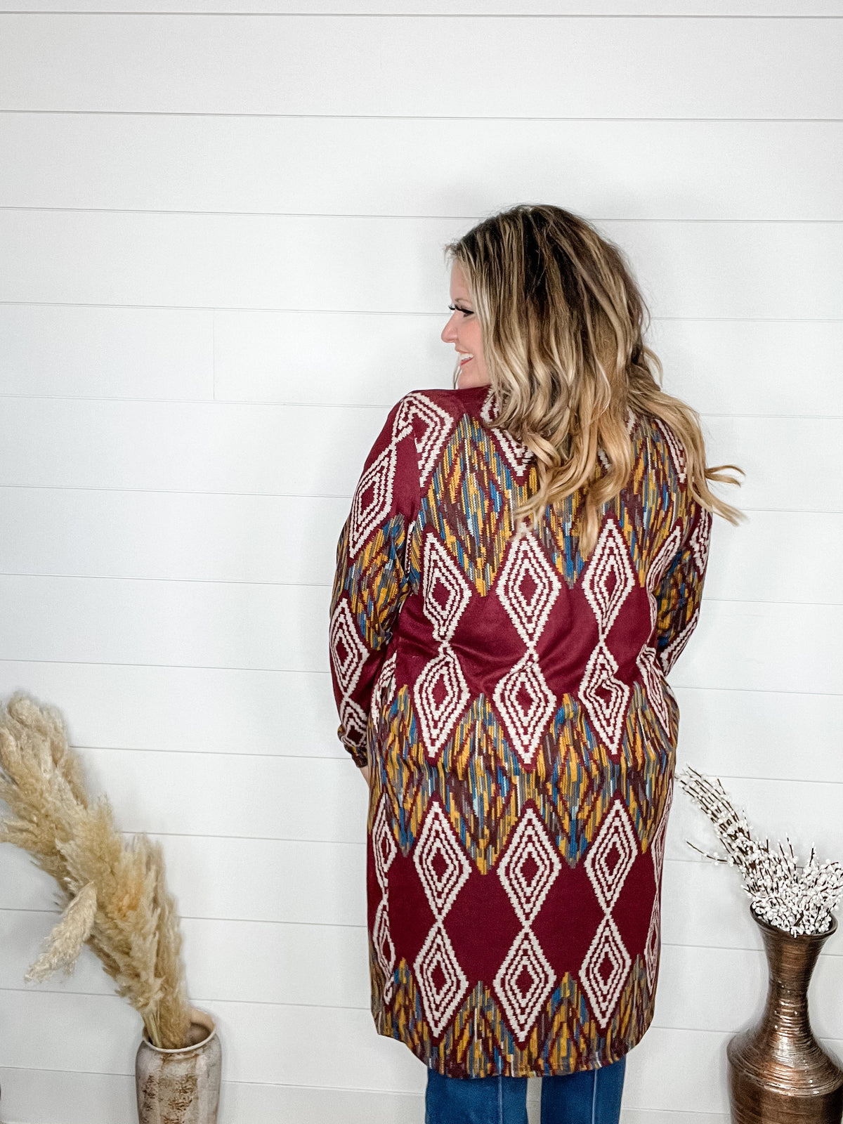 "Dutton" Aztec Print Cardigan with Pockets (Burgundy)-Lola Monroe Boutique