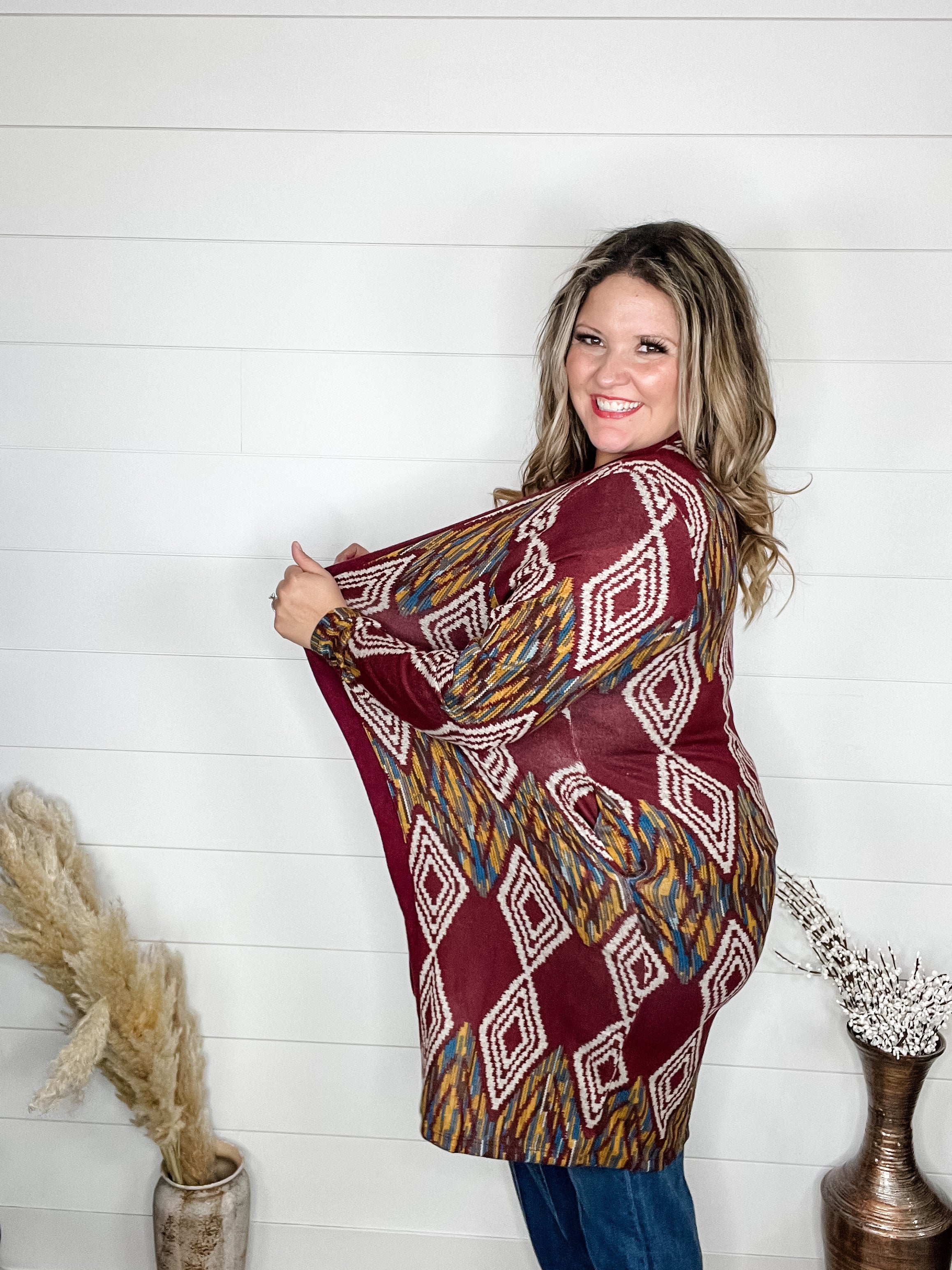 "Dutton" Aztec Print Cardigan with Pockets (Burgundy)-Lola Monroe Boutique