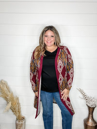 "Dutton" Aztec Print Cardigan with Pockets (Burgundy)-Lola Monroe Boutique