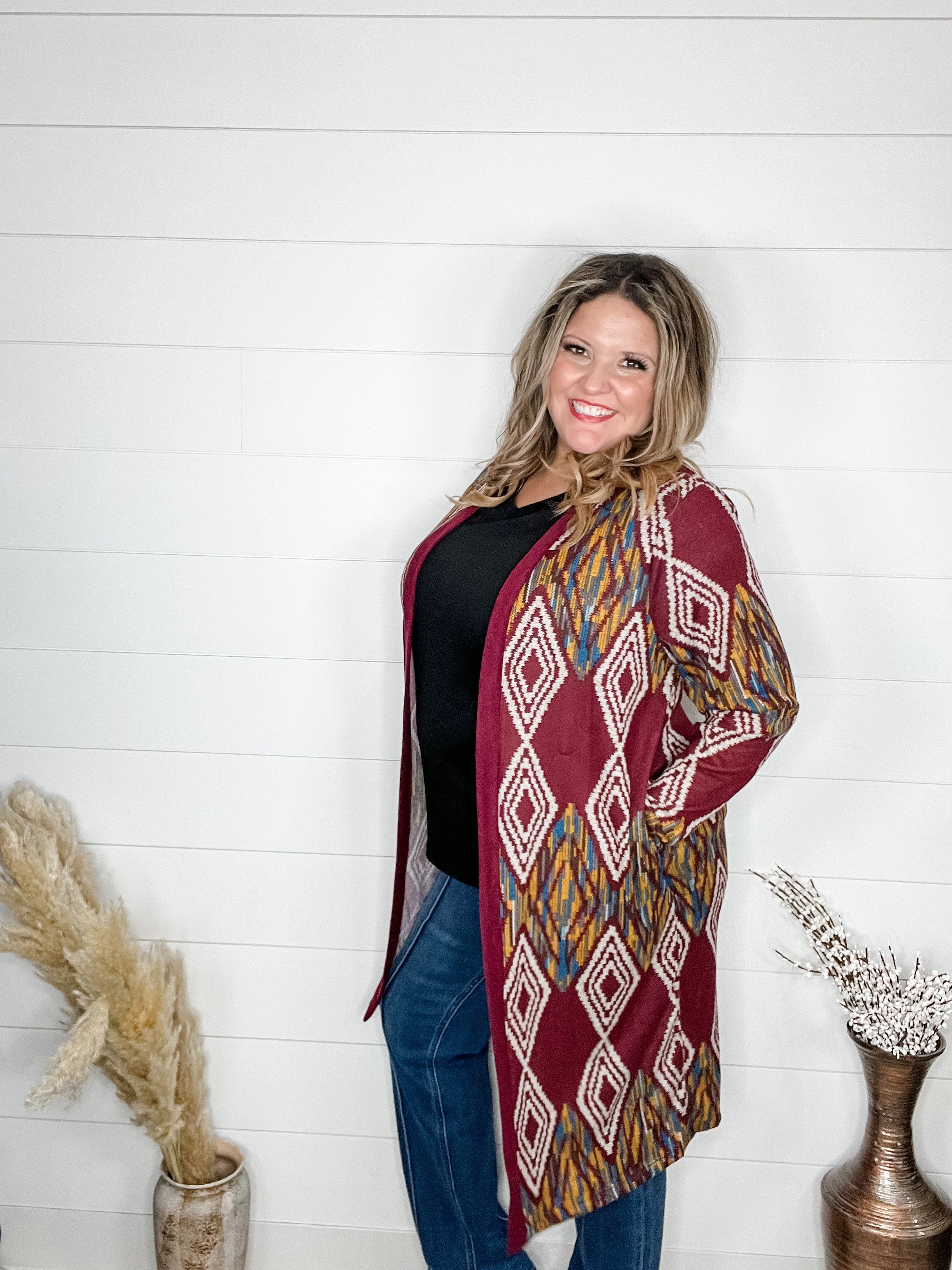 "Dutton" Aztec Print Cardigan with Pockets (Burgundy)-Lola Monroe Boutique