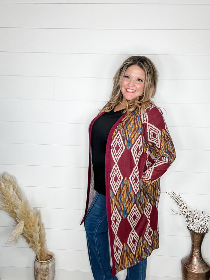 "Dutton" Aztec Print Cardigan with Pockets (Burgundy)