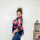 "Dynasty" Floral Split Neck 3/4 Sleeve with Ruffle Detail-Lola Monroe Boutique