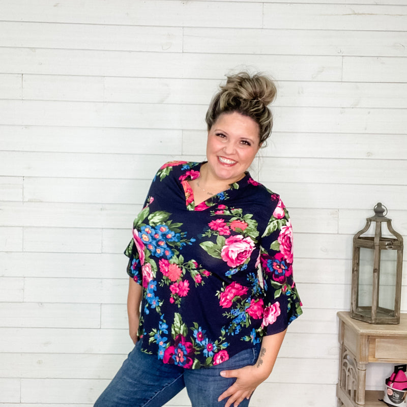 "Dynasty" Floral Split Neck 3/4 Sleeve with Ruffle Detail-Lola Monroe Boutique